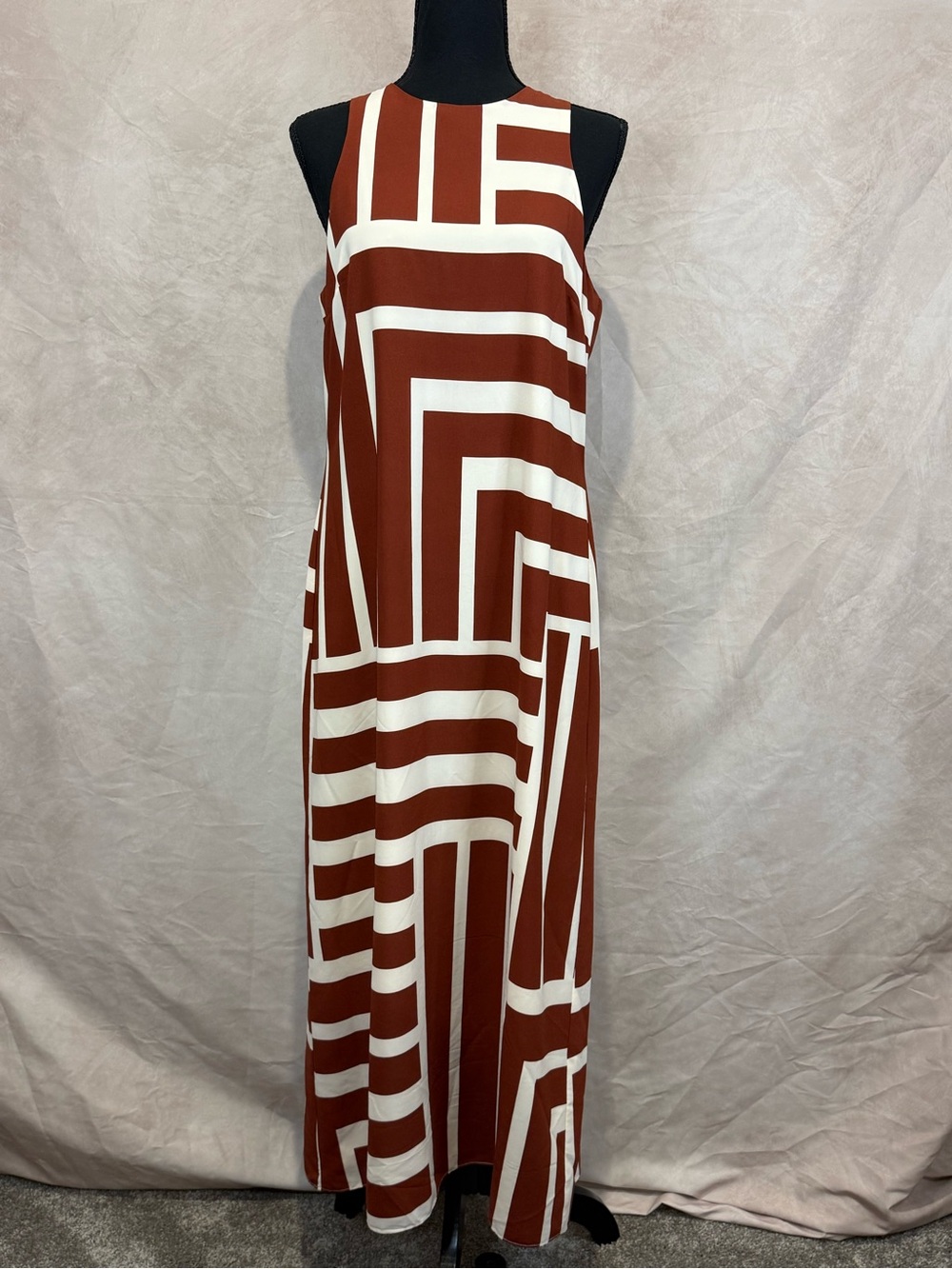 Donna Morgan Rust & White Sleeveless Shirt Geometric Maxi Dress Size US 10